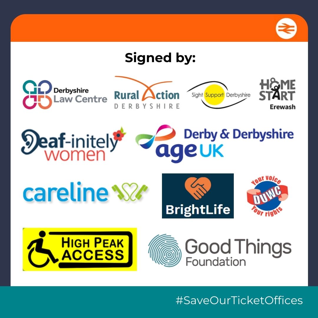 We're one of the #Derbyshire charities campaigning to #SaveOurTicketOffices We're asking the @RailDeliveryGrp @EastMidRailway and N. Rail to reconsider ticket office closures & explain how they'll ensure that disabled & elderly users don’t experience more disadvantage 🧵1/3