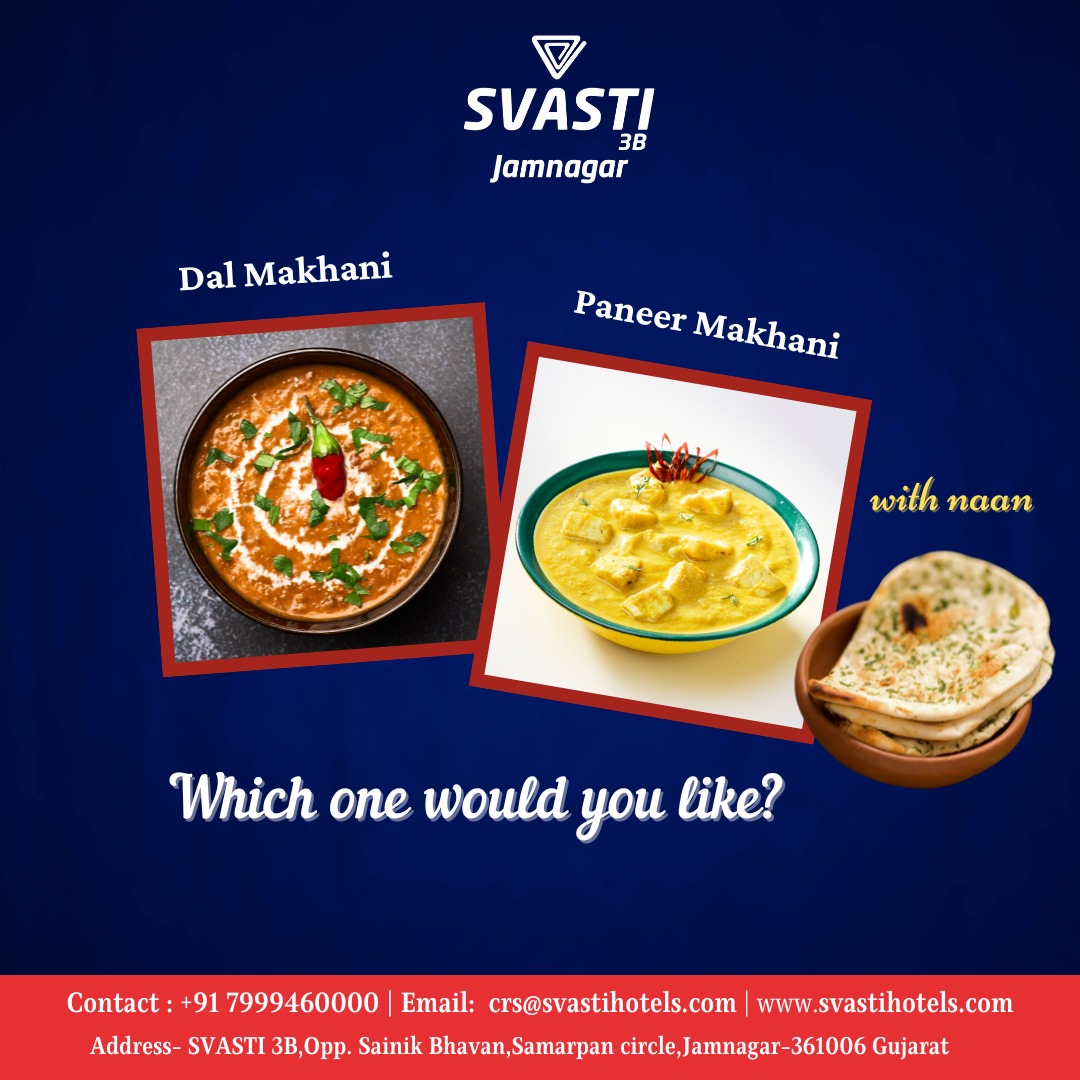 Which one would you like?

1- Dal makhani with Naan
2- Paneer Makhani with Naan

#svastihotels #hotelsandresorts #Jamnagar #foodblogger #foodlover #quiztime #quiz #quizinstagram #quizzes #quiznight #quizzing #quizmaster