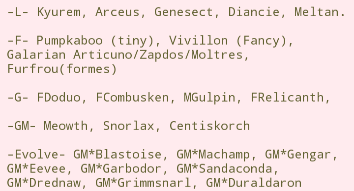 ignisters's tweet photo. It's only been 8 days since I last posted my shiny needs, but the list has drastically shrunk since then, so:
- 1st line: Regular shinies
- 2nd line: Forme shinies
- 3rd line: Gender difference shinies
- 4th/5th line: GMax forme shinies
(I have non-GMax spares of the 5th line) https://t.co/DzmPeb4mBt