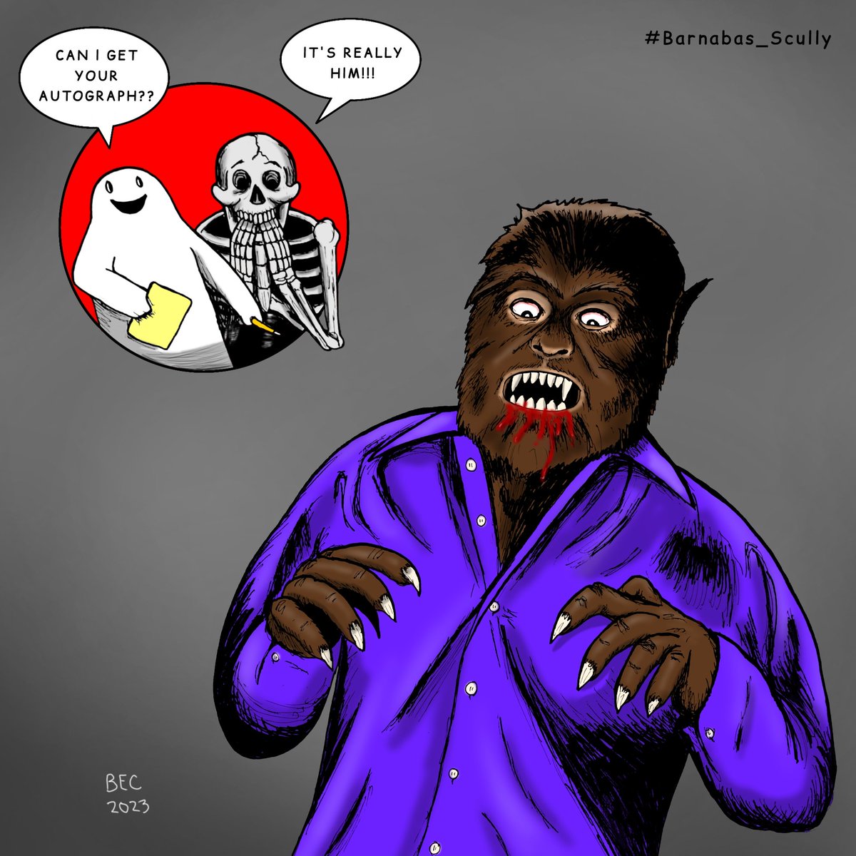 #Aughost Day 24 - Werewolf

Barnabas and Scully's favorite movie werewolf is el Hombre Lobo himself, legendary spanish actor, writer, director #PaulNaschy (#JacintoMolina), who played a wolf man over 15 times.

#AuGHOST2023
#Barnabas_Scully
#Haunted_collective
#kleineKunstklasse