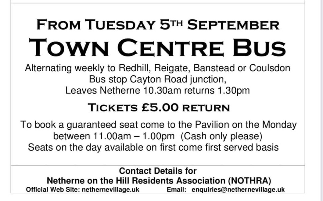 GreenKnight2010's tweet photo. I've been working with residents in #Netherne to introduce bus services. A trial for a Tuesday shopping bus starts in September.
5/09 Banstead
12/09 Redhill
19/09 Reigate
26/09 Coulsdon
The return journey pick-up point will be a central point in each town, confirmed on the day. https://t.co/sGpRX4BV8g