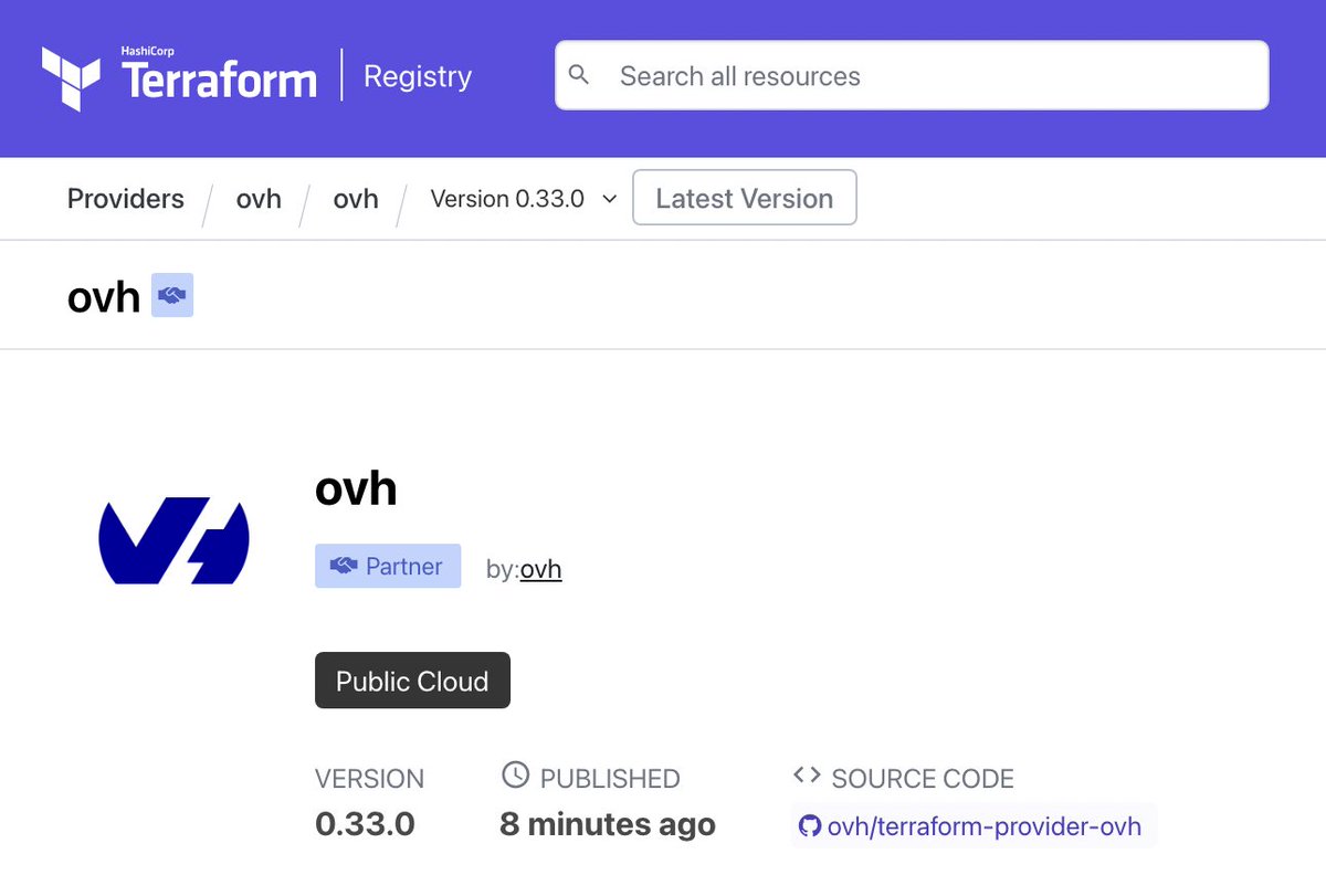 OVHcloud_Tech's tweet photo. Welcome to the new release of our OVH Terraform provider v0.33.0 🎉

Included:
- New resources & datasources about Kafka Schema registry ACL
- An improvement on the dedicated server networking
- Several bug fixes
- And as usual, documentation is important so a lot of new and updated pages

Changelog and more information:
https://t.co/LuSQ17mxUe
https://t.co/qbpWgGJEX6

#Kafka #IAM #DedicatedServer #Kubernetes