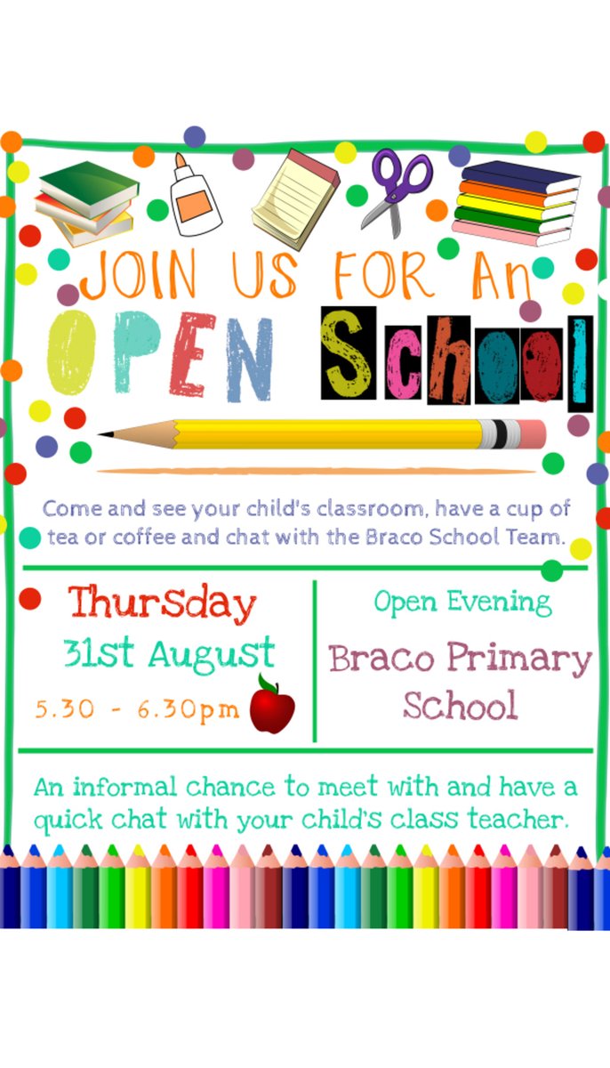 BracoPrimary's tweet photo. Join us for our school open evening - Thursday 31st August, 5.30 - 6.30pm. Come and see your child's classroom, meet the Braco team and have a cup of tea or coffee! https://t.co/1VEVHMaAu0