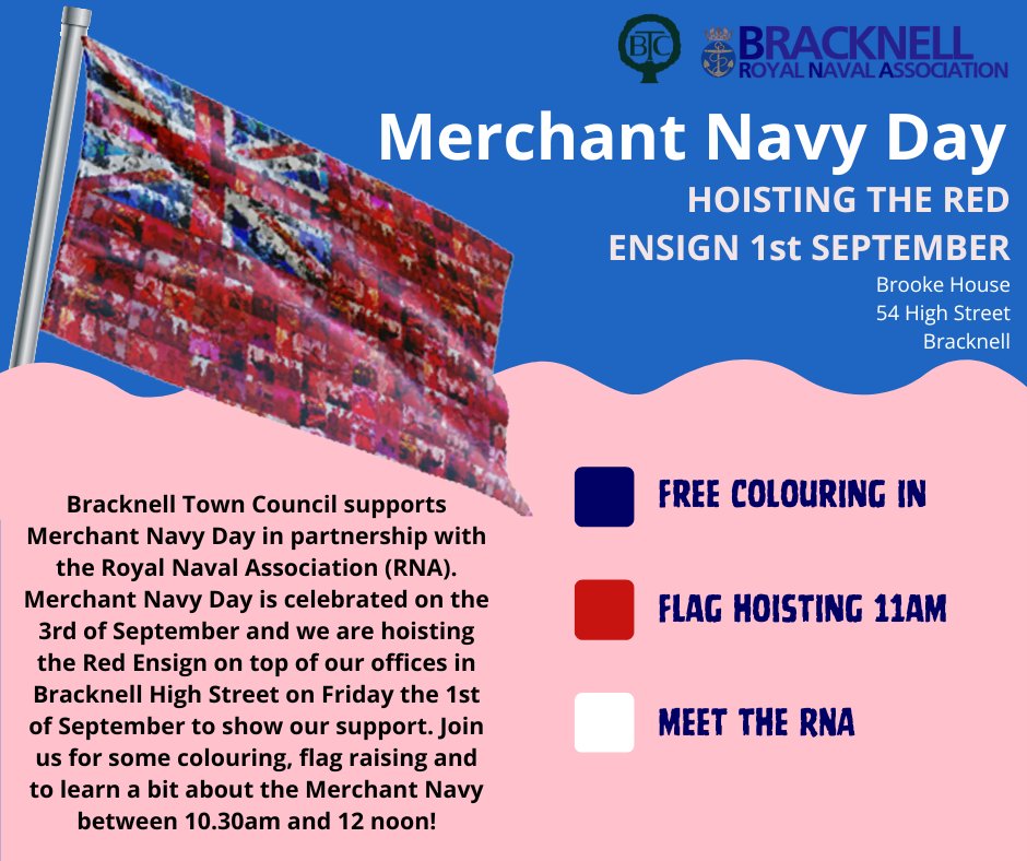 bracknelltc's tweet photo. Join us in hoisting the Red Ensign in honour of #MerchantNavyDay on the 1st Sept at 11am outside our offices in Bracknell High Street
#RedEnsign #FTRE @Seafarers_KGFS https://t.co/hvvjfDq3EQ
