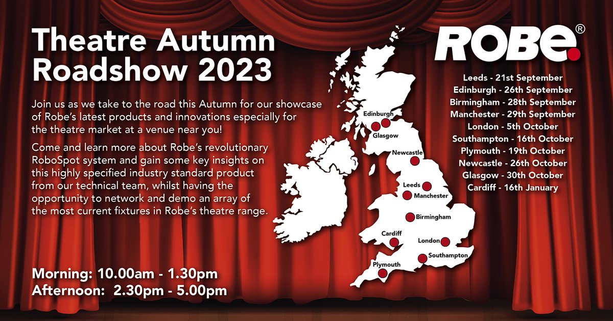 RobeAroundTheUK's tweet image. #TheatreThursday @RobeAroundTheUK is on the road! Coming to a venue near you! 

We are excited to present our award-winning, world-class fixtures and offer #RoboSpot training sessions.

Use the link below to find out more and book your place.
landing.liveit.io/robe/robe-road…