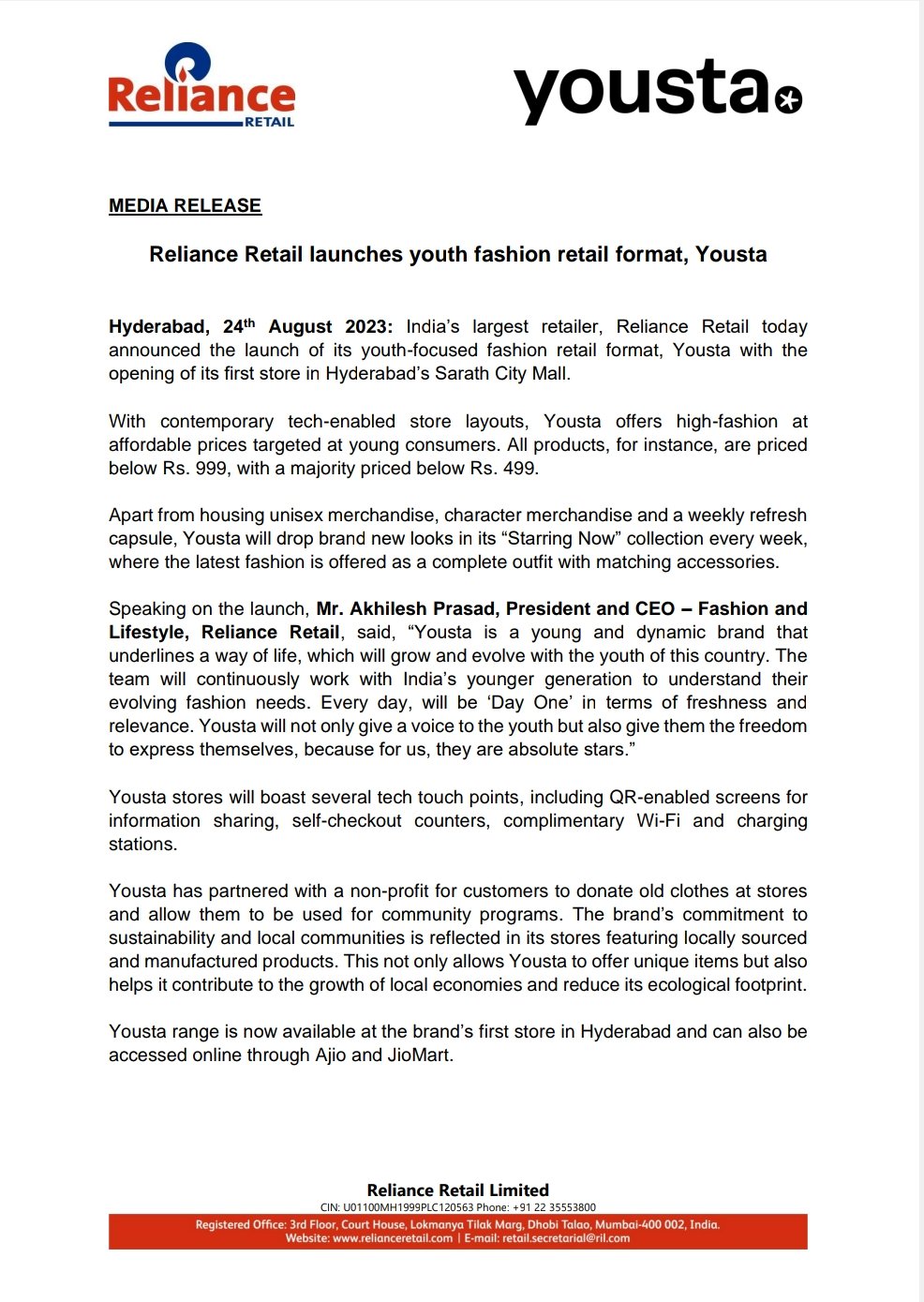 Reliance Industries Limited on X: Media Release - Reliance Retail launches  youth fashion retail format, Yousta  / X