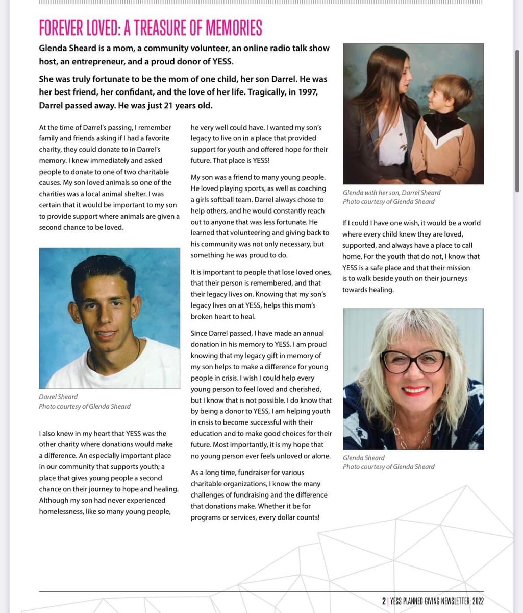 I am a very proud donor of YESS.
SO very proud to share my son Darrel’s legacy in the YESS Planned Giving newsletter,  last Fall.
For more info on how you can support YESS, please check out: YESS.org 

#YESS #plannedgiving #beadonor #SupportOurYouth
