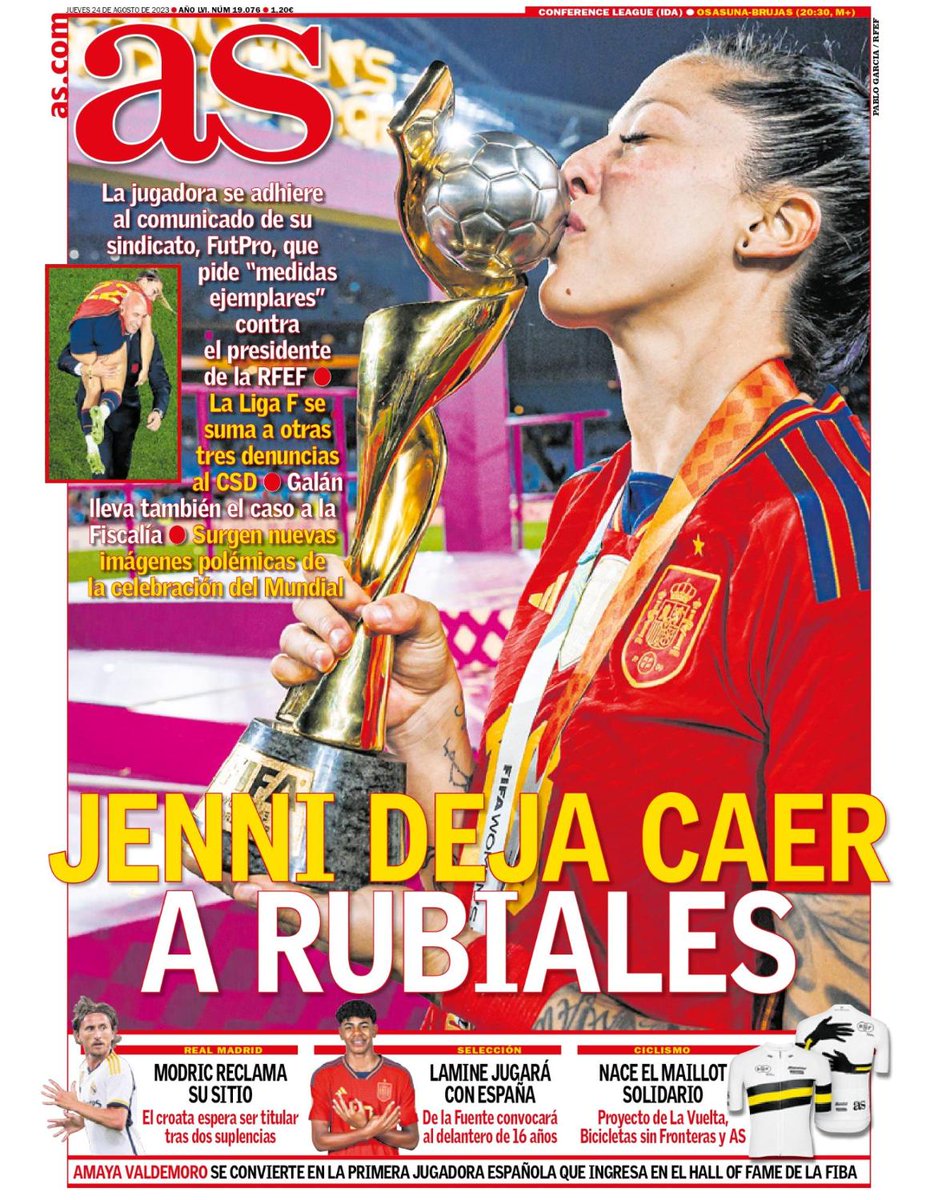 FonsiLoaiza's tweet photo. Una de las portadas más lamentables de la historia. El diario AS responsabiliza a la víctima: "Jennifer Hermoso deja caer a Rubiales". El mismo medio de comunicación que puso en grande a Benzema y en una esquina a Alexia cuando ganaron el Balón del Oro. https://t.co/aHEt25CFiA