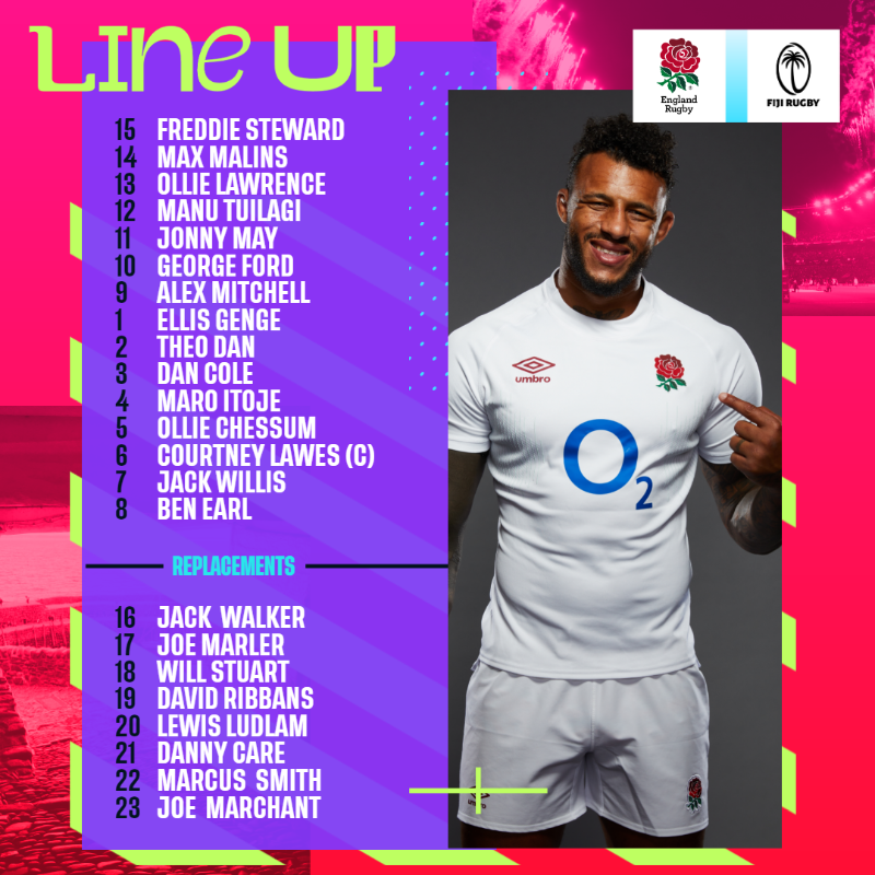 EnglandRugby's tweet photo. Here's the England team to take on Fiji at Twickenham Stadium on Saturday (15:15 BST kick-off) 

Congratulations to captain Courtney Lawes, who will win his 100th cap for England 🙌

#ENGvFIJ | #WearTheRose | @O2