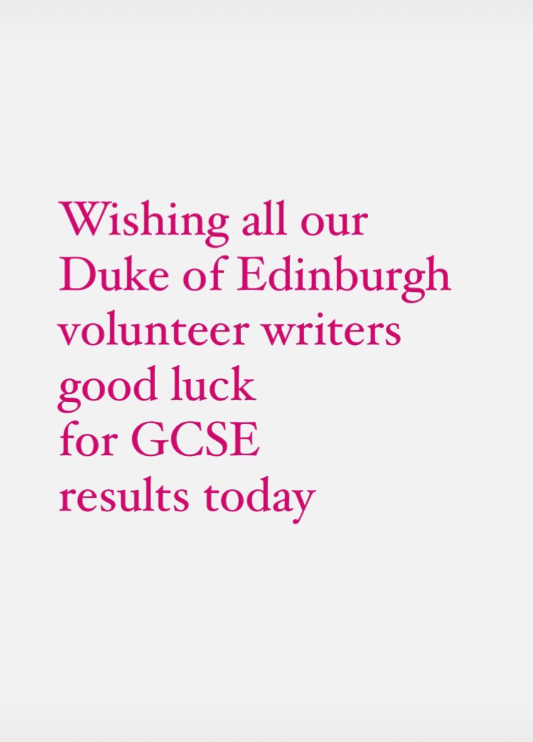 FromMeToYou (@frommetoyou01) on Twitter photo It’s a big day for all our <a href="/DofE/">The Duke of Edinburgh’s Award</a> volunteer writers getting GCSE results today. 🤞🤞🤞
<a href="/DofEHampshire/">DofE Hampshire</a> <a href="/DofESouthWest/">DofE South West</a> <a href="/DofEScotland/">DofE Scotland</a> <a href="/DofESouthEast/">DofE South East</a> <a href="/DofENorth/">DofE North</a> It’s a big day for all our <a href="/DofE/">The Duke of Edinburgh’s Award</a> volunteer writers getting GCSE results today. 🤞🤞🤞
<a href="/DofEHampshire/">DofE Hampshire</a> <a href="/DofESouthWest/">DofE South West</a> <a href="/DofEScotland/">DofE Scotland</a> <a href="/DofESouthEast/">DofE South East</a> <a href="/DofENorth/">DofE North</a>