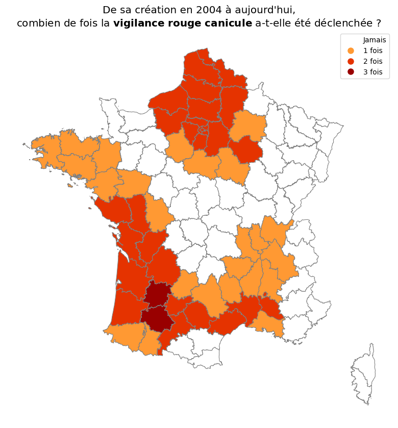 Combien de "vigilance rouge" #canicule a connu votre département ?

En 20 ans, 55 des 96 départements de métropole ont été placés au moins une fois au niveau d'alerte maximal.
Le record est détenu par le Gers et le Lot-et-Garonne avec une vigilance rouge en 2019, 2022 et 2023.