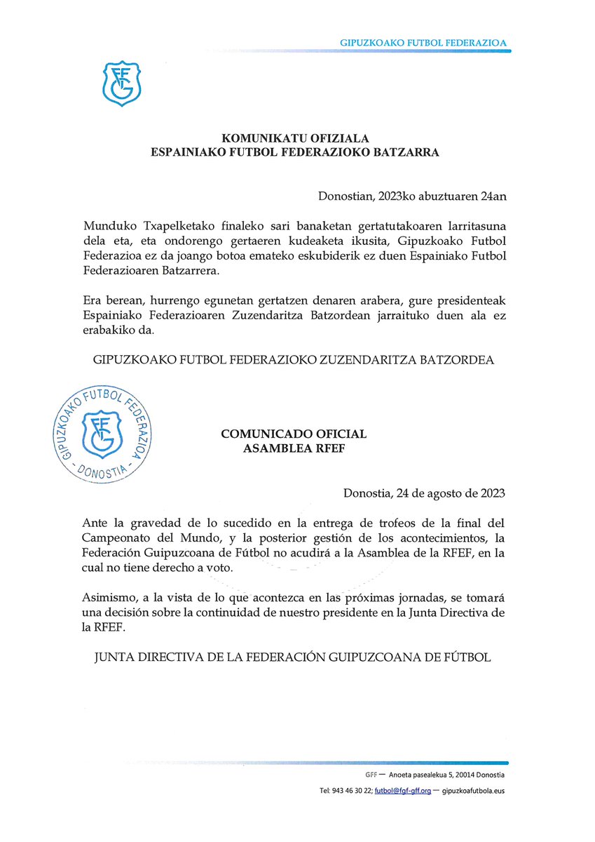 gipuzkoafutbola's tweet photo. ⬇️KOMUNIKATU OFIZIALA
ESPAINIAKO FUTBOL FEDERAZIOKO BATZARRA

⬇️COMUNICADO OFICIAL
ASAMBLEA RFEF https://t.co/WOTM446P2W