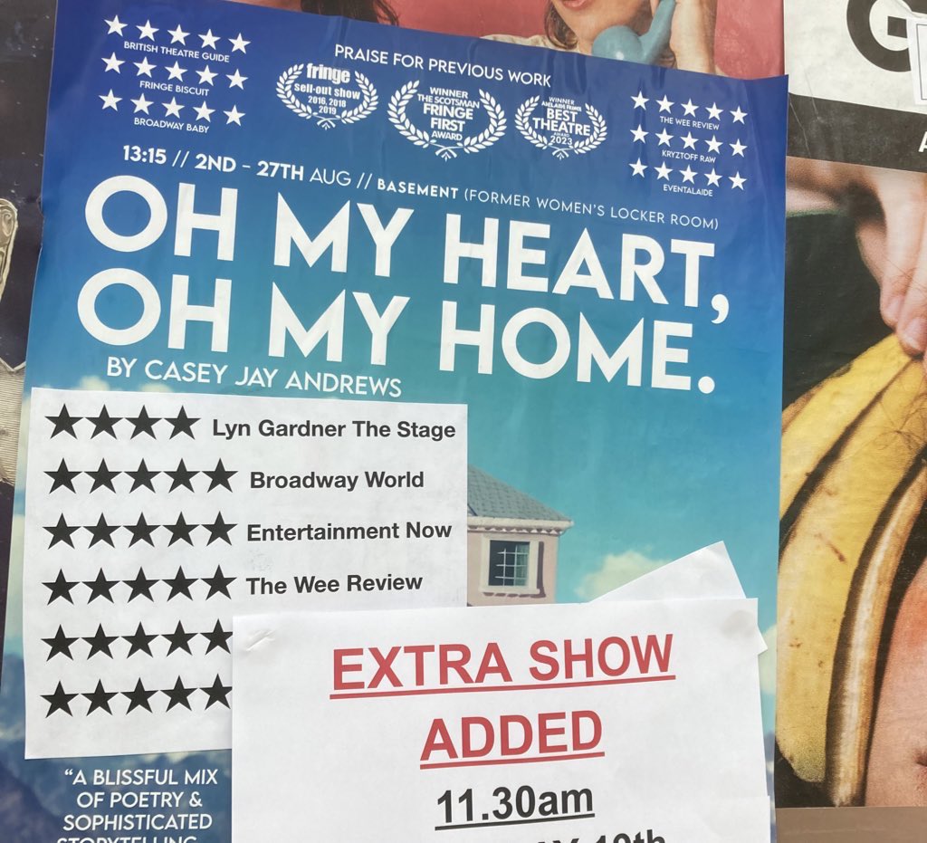 EXTRA SHOW “Oh My Heart, Oh My Home” 11.30am Saturday 26th Tickets nearly sold out so we added an extra show on Saturday morning! @Summerhallery Tickets here: tickets.summerhall.co.uk/event/26:5658/ ★★★★ @lyngardner ★★★★★ @BroadwayWorld ★★★★★ @EntmtNow ★★★★★ @theweereview
