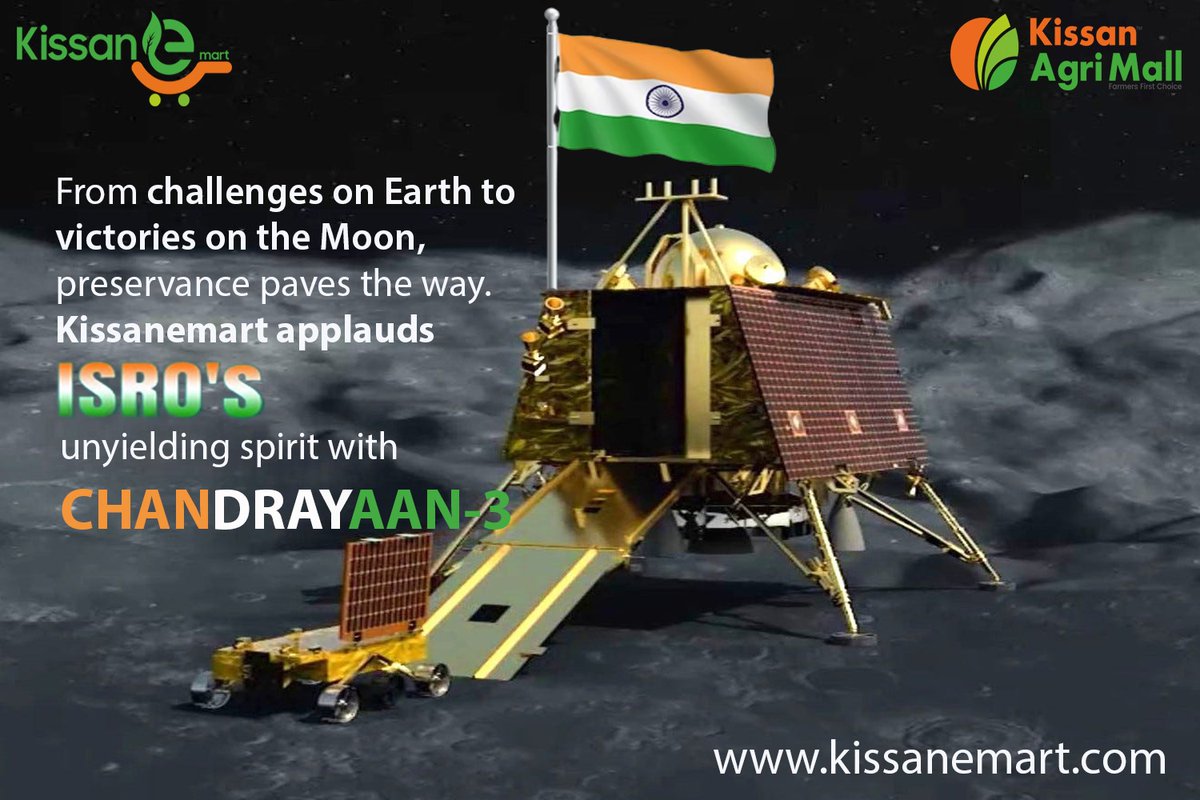 kissan_e_mart's tweet photo. Proud Moment: India's Chandrayaan-3 Achieves Historic Milestone with First-Ever Soft Landing at Lunar South Pole ๐๐ Kudos to ISRO for their Remarkable Journey of Discovery and Innovation! ๐ฎ๐ณ๐ #LunarLeap #ISROTriumph #IndiaInSpace" @isro.in https://t.co/boCgYdXnKL