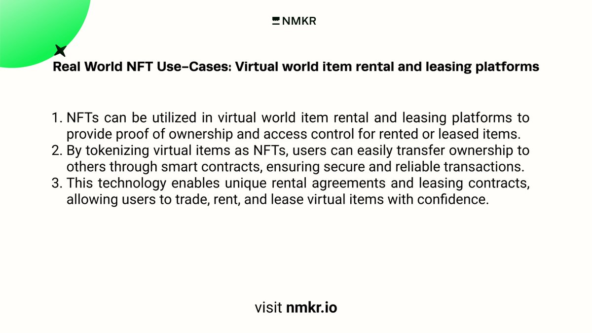 nmkr_io's tweet image. "NFTs have the power to revolutionize the world! At NMKR, we're committed to making that vision a reality. Our tools empower you to solve real problems with NFTs. For instance, think virtual item rental and leasing platforms. #NFTs #RealWorldUseCases"