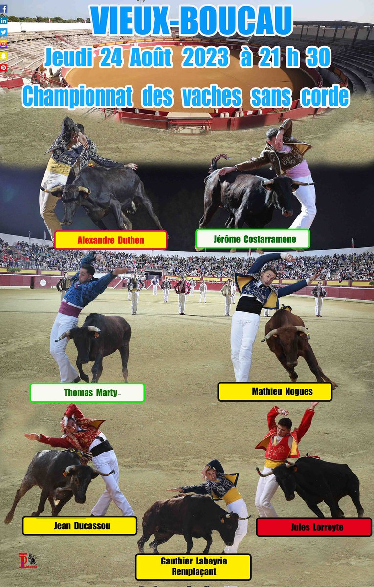 VIEUX-BOUCAU
Jeudi 24 Août 2023 à 21h30,
Championnat des Vaches Sans Corde
Affiche du Championnat  :
pickwicq.fr/fr/championnat…

Les spectacles 2023 :
pickwicq.fr/fr/spectacles-…

Voir les Photos et actualité :
pickwicq.fr/fr/voir-les-ph…