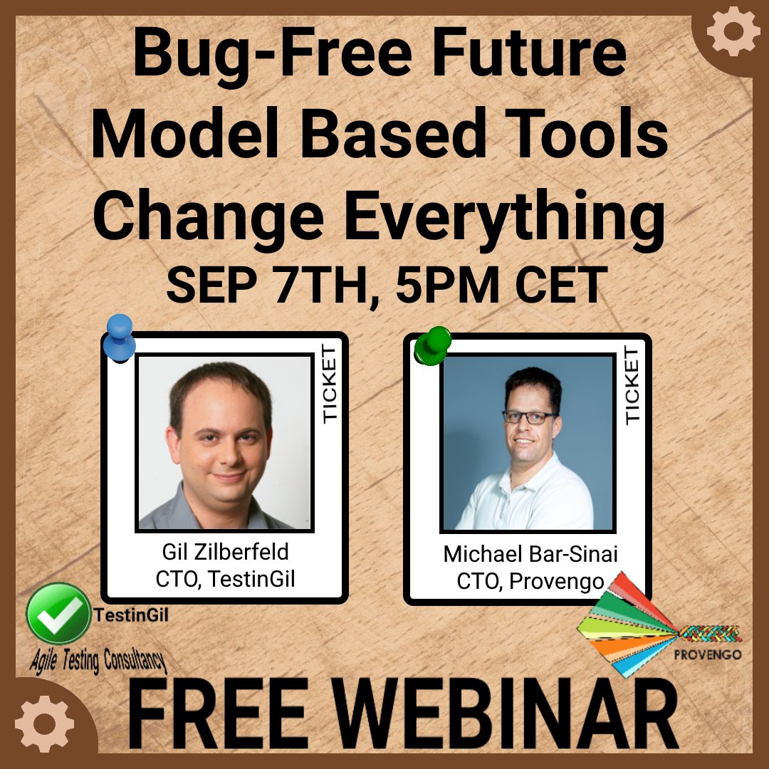 gil_zilberfeld's tweet image. In my next webinar, on Sep-7, I'm joining Michael Bar-Sinai, CTO of Provengo, to discuss model-based testing, and how it can change the way we test, develop, and make changes to software.
us02web.zoom.us/webinar/regist…
#testing #apitesting #modelbasedtesting #models #tdd #bdd