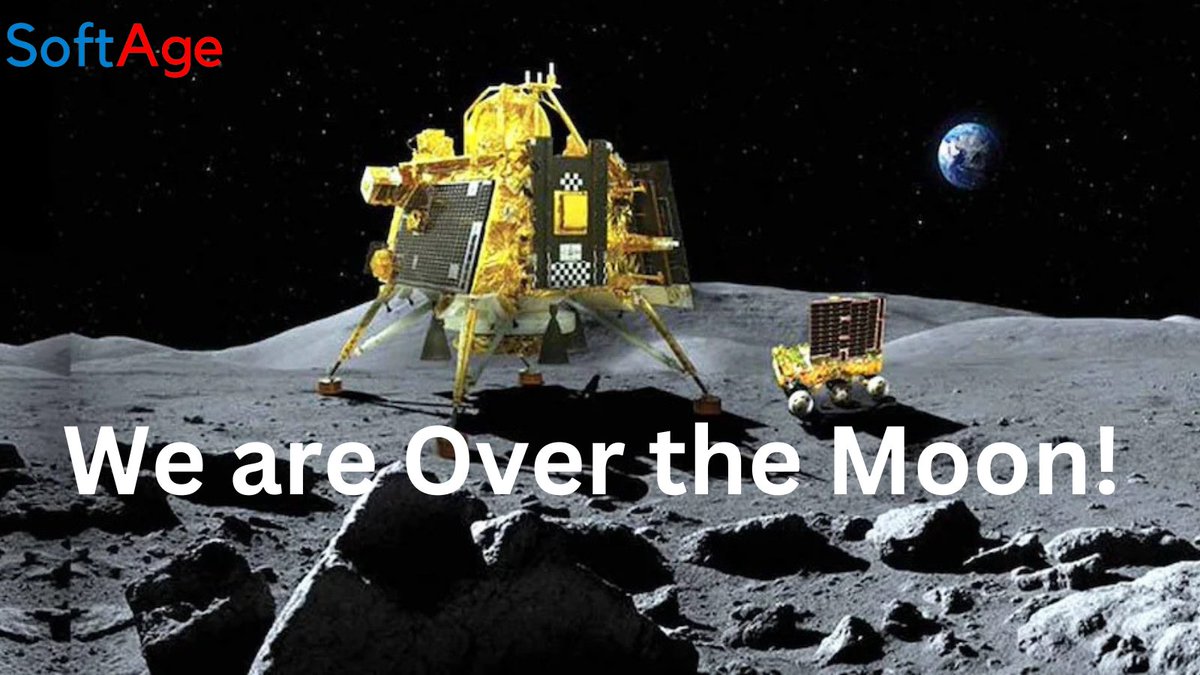 SoftAgeIndia's tweet photo. Heartfelt Congratulations to the entire team of #Chandrayaan3 🚀 &amp; #ISRO on a successful and safe landing. You make us proud!
 ✨ https://t.co/fm8RpdD8HC