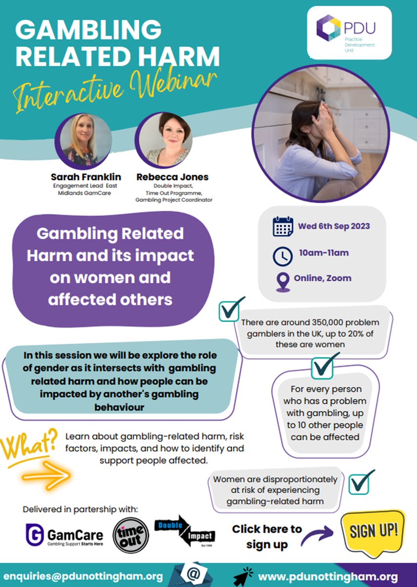 On the 6th September, the PDU are holding their 'Gambling Related Harm and it’s Impact on Women and Affected Others' online event.

Professionals, volunteers, and individuals with lived experience of SMD are invited to join. <a href="/NottinghamCVS/">Nottingham CVS</a> 

Sign up here:
nottinghamcvs.co.uk/civicrm/event/…