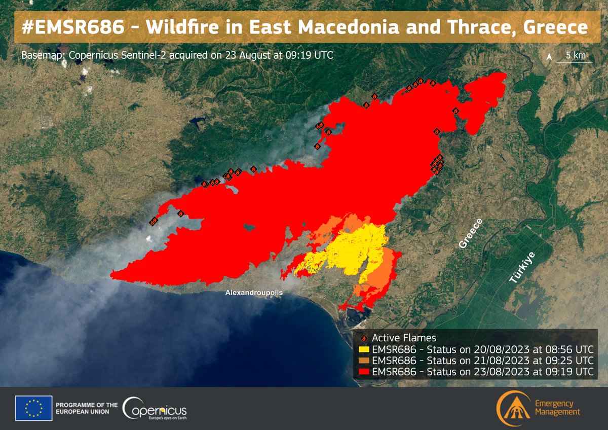 WMO's tweet image. The huge and deadly wildfire burning in Greece is the largest recorded in the European Union in years, says @CopernicusEMS 
#StateofClimate