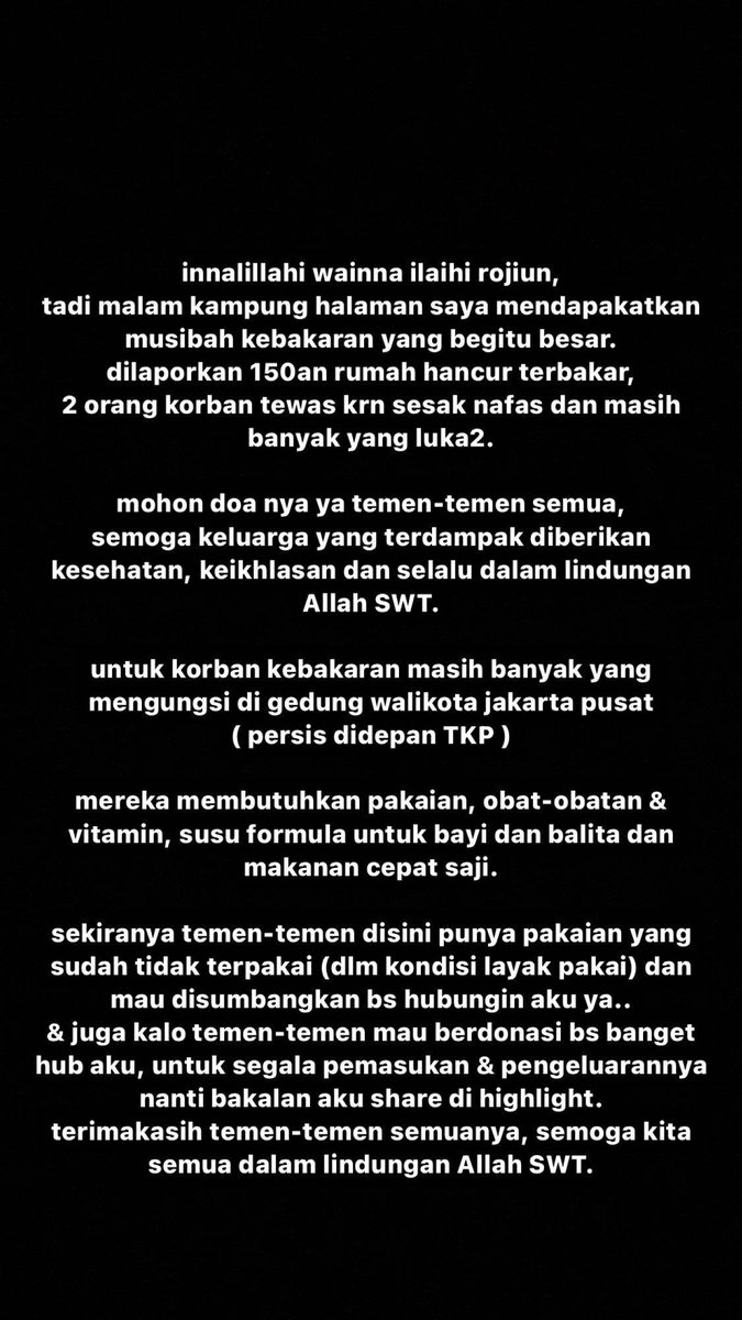 inhayoo's tweet photo. Haloo semuaa

kemarin malam baru aja ada kebakaran di daerah petojo selatan, jakarta pusat dan aku barusan di dm salah satu mutualku barangkali disini ada yang mau membantu memberikan sumbangan pakaian bekas atau bantuan lainnya bisa langsung hubungi ke instagram @/shielafatika https://t.co/dLnP3SZuWI