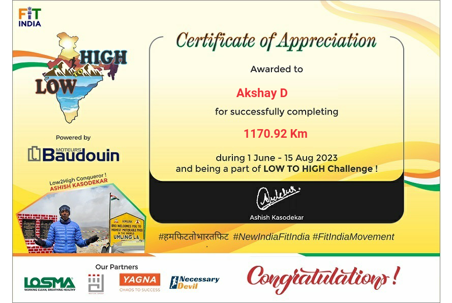 akkiman's tweet photo. nice.. I got the certificate for participating in #low2high Managed to do 1170.92 kms.. https://t.co/PVpP7uHfVZ