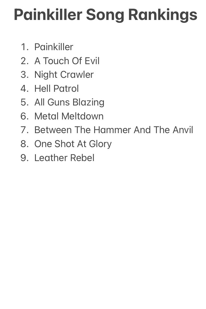marugen17's tweet image. &amp;lt;Ram Painkiller Down Song Rankings&amp;gt;
FINAL Round 

Thank you all for voting🙏 Finally!! WE have completed Ram It Down &amp;amp; Painkiller Song Rankings🤘😎🤘 What do you guys think!?😁 How would you rank these song?😏

#JudasPriest #Poll #RamItDown #Painkiller #SongRankings