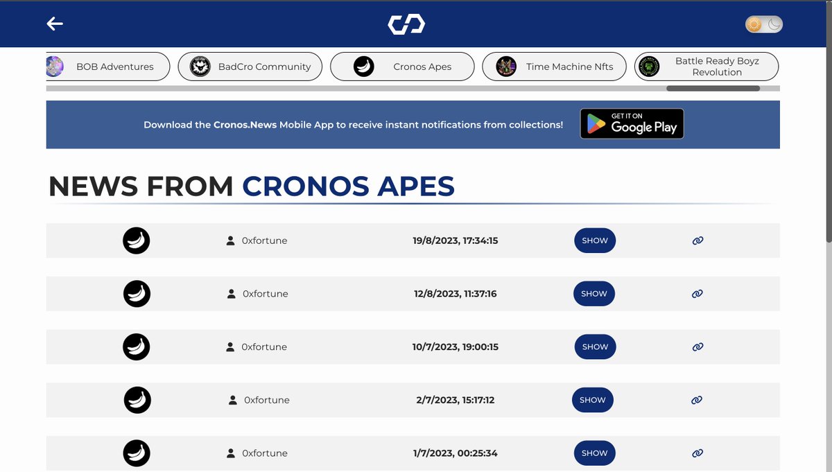 🤝 <a href="/CronosNewsAFE/">Cronos News</a>  X <a href="/cronosapesnft/">Cronos Apes</a>  🤝

For those who didn't notice, Cronos Apes project is now supported by Cronos News! 🎉

Cronos News is a user-friendly application designed for holders/users who prefer not to use Discord but still want to stay informed about announcements