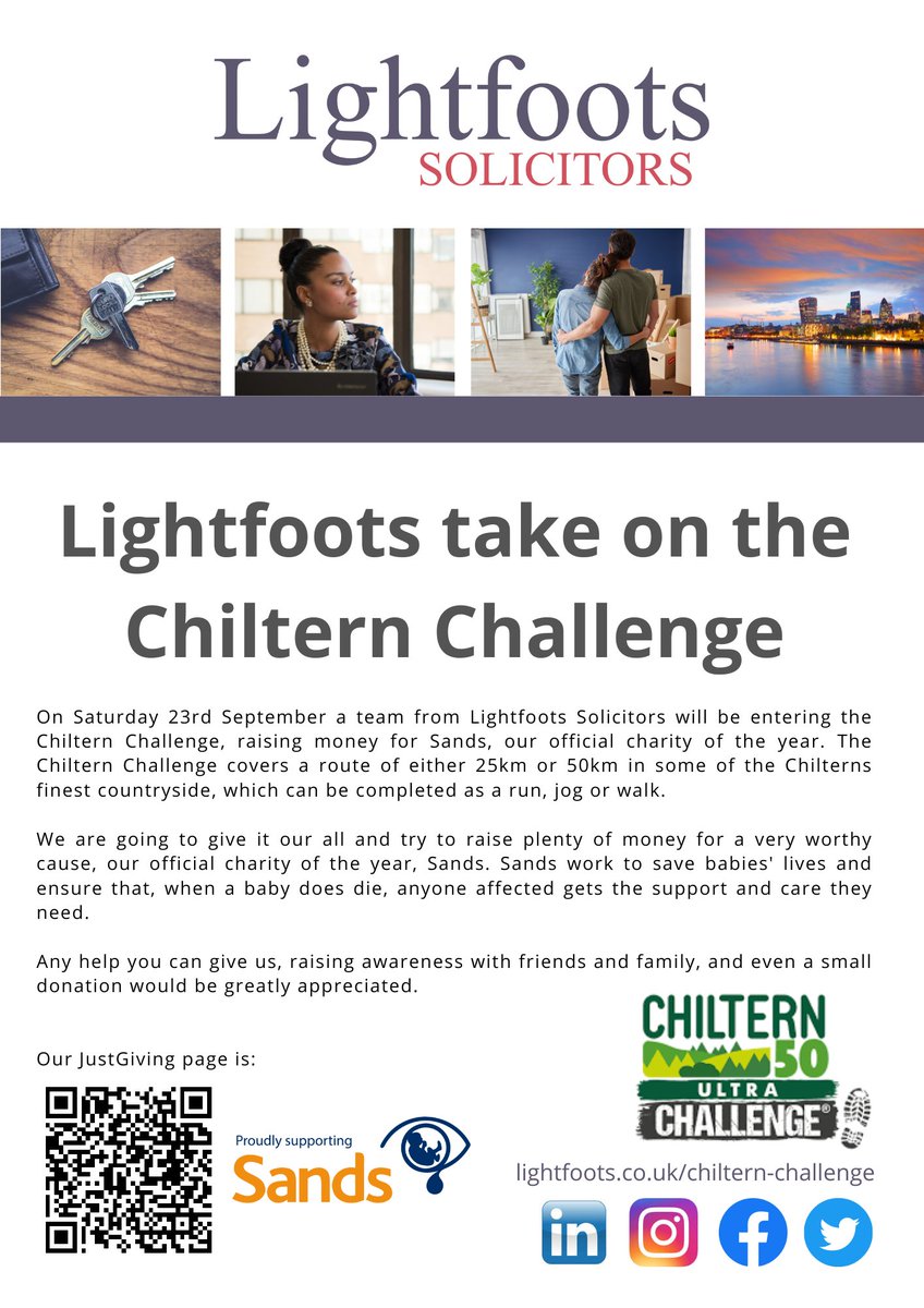 On Saturday 23rd September a team from Lightfoots Solicitors will be completing the Chiltern Challenge, raising money for our charity of the year, <a href="/SandsUK/">Sands - baby loss charity 💜🧡</a> .

Find out more: lightfoots.co.uk/chiltern-chall…
Donate: justgiving.com/page/lightfoot…