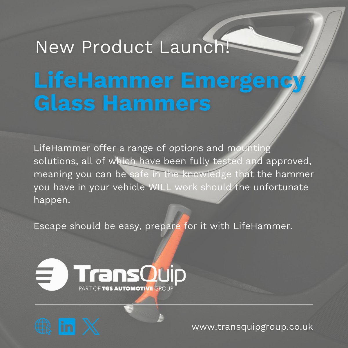New product launch!

#LifeHammer emergency glass hammers

#LifeHammer offer a range of options and mounting solutions, all of which have been fully tested and approved, meaning you can be safe in the knowledge that the hammer you have in your vehicle WILL work.