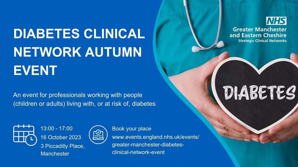 Do you work with people living with, or at risk of, diabetes? Join us at our next network event to meet like-minded colleagues to review emerging GM data, priorities and where improvement is possible. For more info and booking: events.england.nhs.uk/events/greater… #DiabetesNetwork