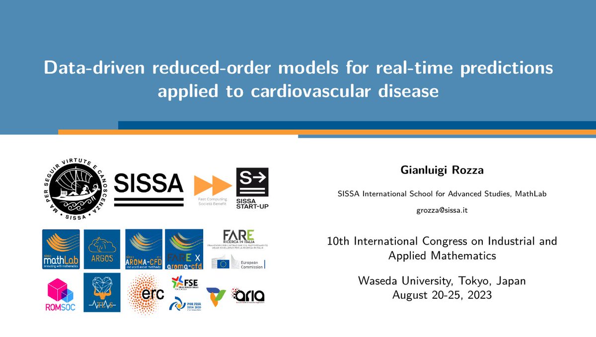 rozzagroup's tweet photo. Gianluigi Rozza is now at #ICIAM23 in Tokyo, a salient conference in which he holds a presentation titled "Data-driven reduced-order models or real-time prediction applied to cardiovascular disease". https://t.co/CDXrv7eupq