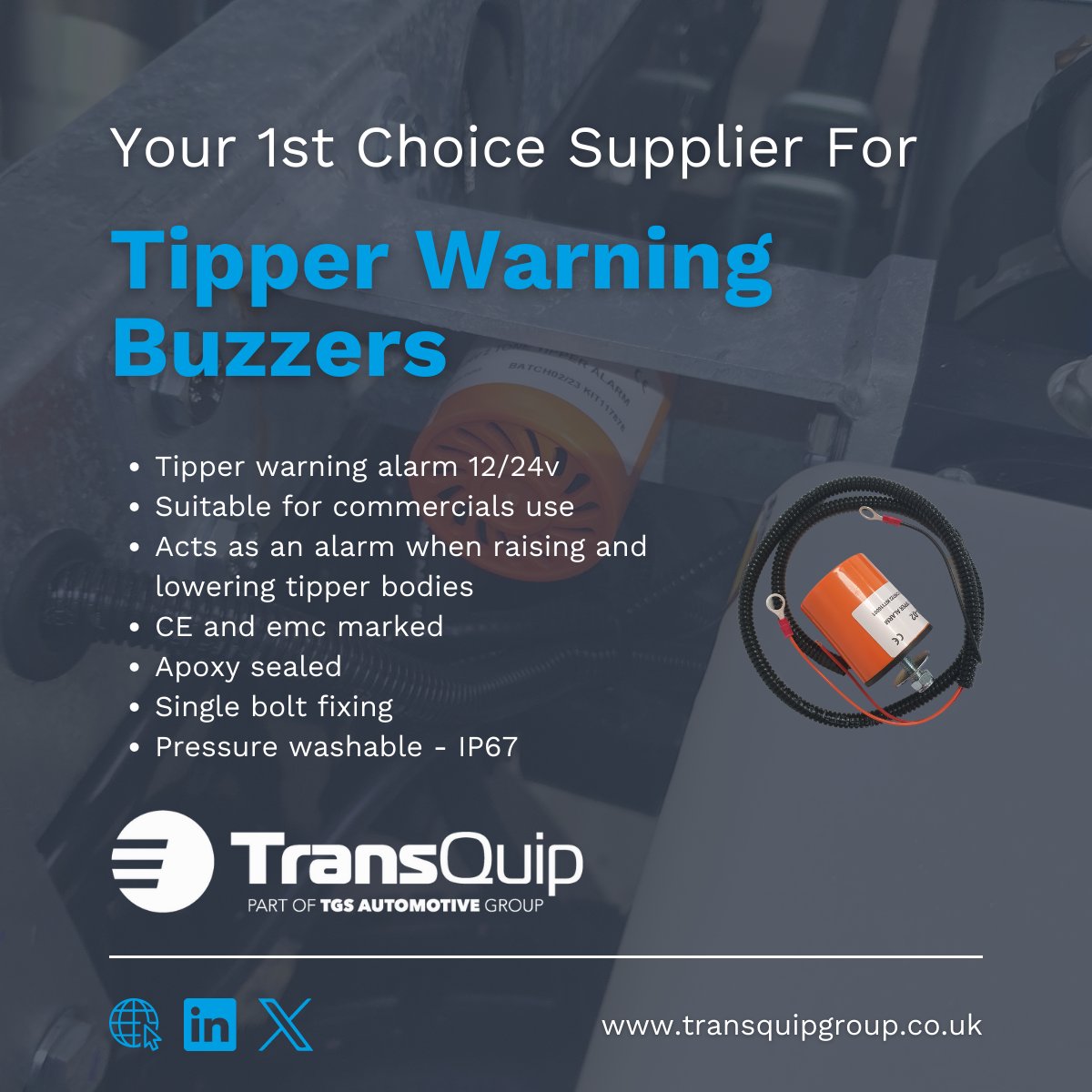 Your 1st choice supplier for tipper warning buzzers.

#TransQuip are stockist of 12/24v tipper warning alarms. Large stocks available for next day delivery.

#tipperalarm