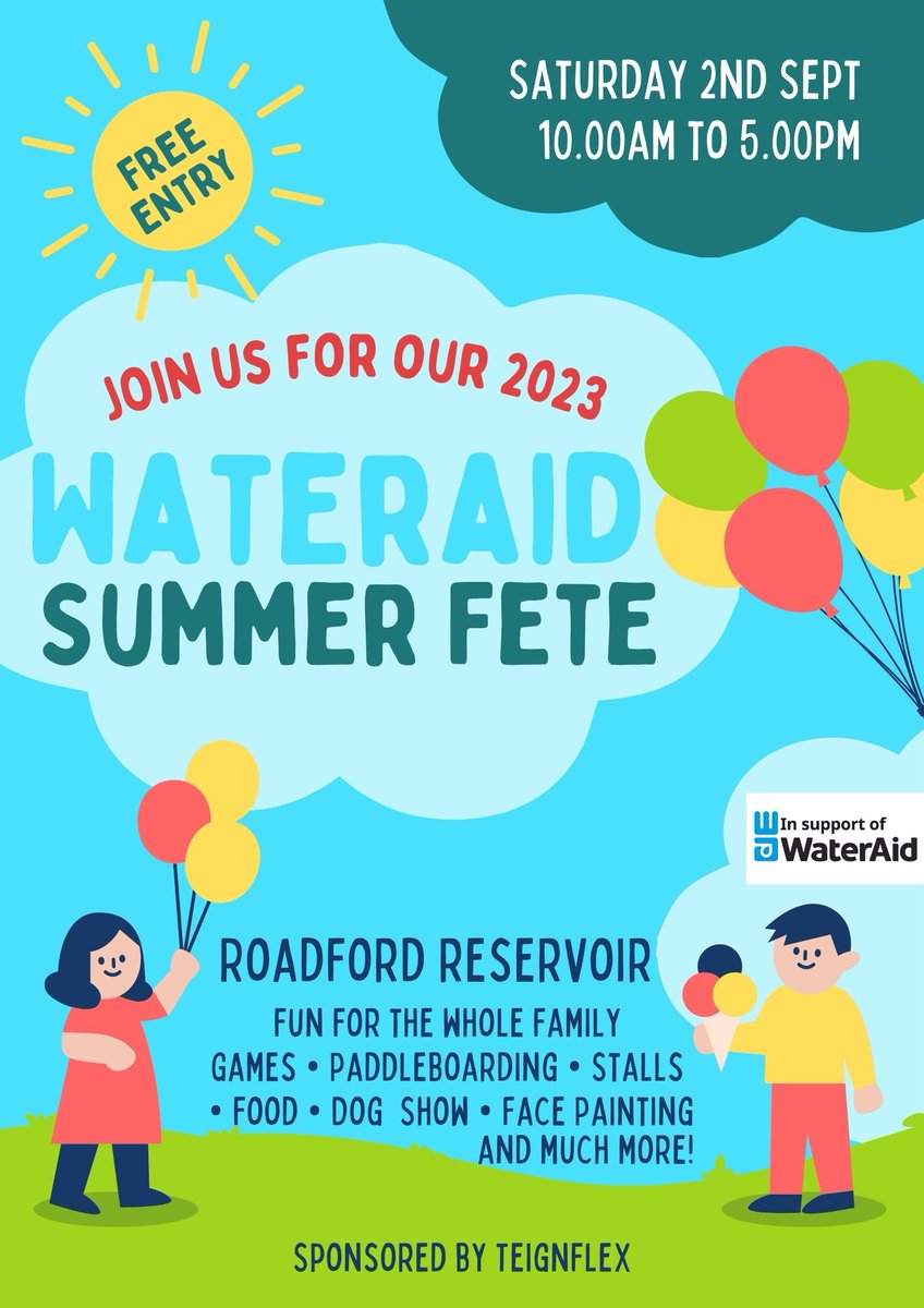 Join us at Roadford Lake on Saturday 2 September for the WaterAid Summer Fete! Hosted by @SouthWestWater , expect free entry and activities from 10am to 5pm including paddleboarding, raffle, dog competition, bouncy castle, food/drink stalls and more! #ItsYourOutdoors