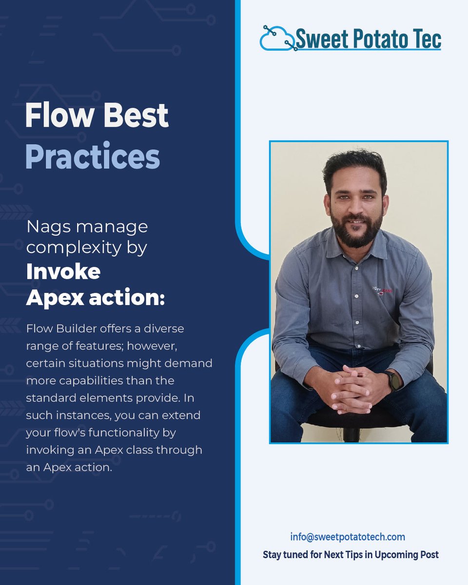 sweetpotatotec's tweet image. Flow Best Practices
7: Enhance with Apex Actions!
Unleash Flow Builder's power with Apex actions. Elevate capabilities when standard elements fall short.
Contact: info@sweetpotatotec.com
#ApexActions #SalesforceFlows #Salesforce
