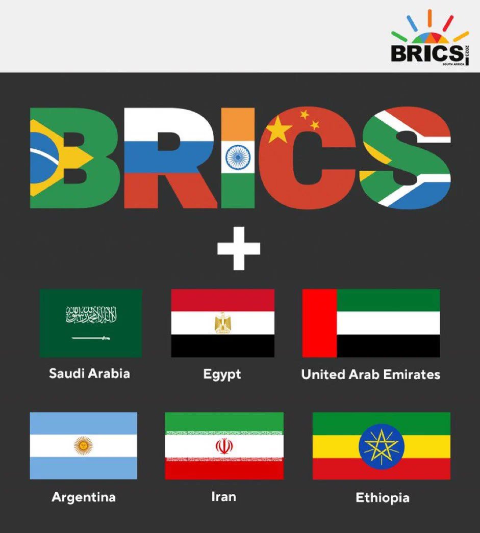 BREAKING NEWS: Argentina, Egypt, Ethiopia, Iran, Saudi Arabia and UAE will be full members of BRICS from 1 January 2024. #BRICSSummit2023