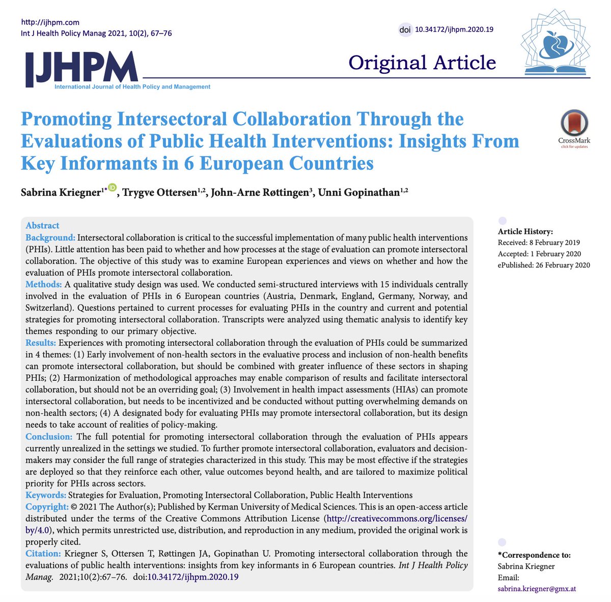 IJHPM's tweet photo. Promoting Intersectoral Collaboration Through the Evaluations of #PublicHealth Interventions: Insights From #KeyInformants in 6 #EuropeanCountries

https://t.co/6P4A571q4Z

https://t.co/7HuAzGNsy9

#StrategiesforEvaluation #IntersectoralCollaboration #IJHPM #HealthPolicy https://t.co/NDumhvk1Ue