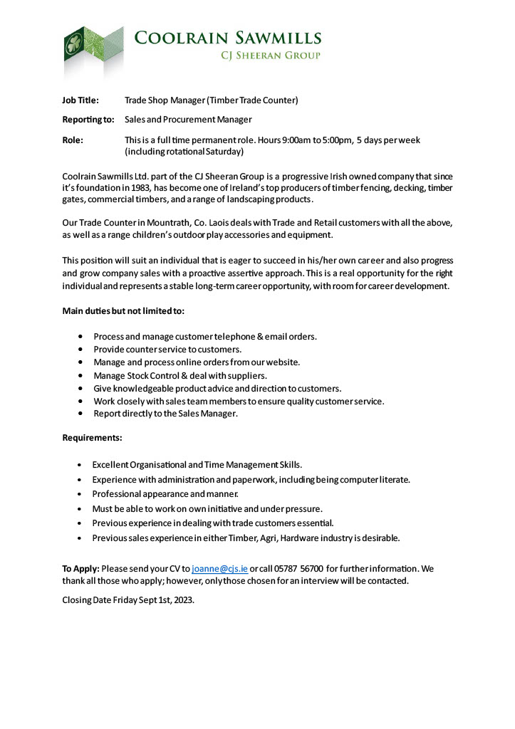 Great opportunity to join the CJS Group as Trade Shop Manager for Coolrain Sawmills CJ Sheeran Group Garden Living CJ Sheeran Group #careers #jobopportunity #teamwork #greenjobs #progress #growth