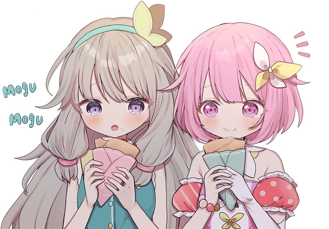2girls multiple girls food pink hair holding food crepe food on face  illustration images