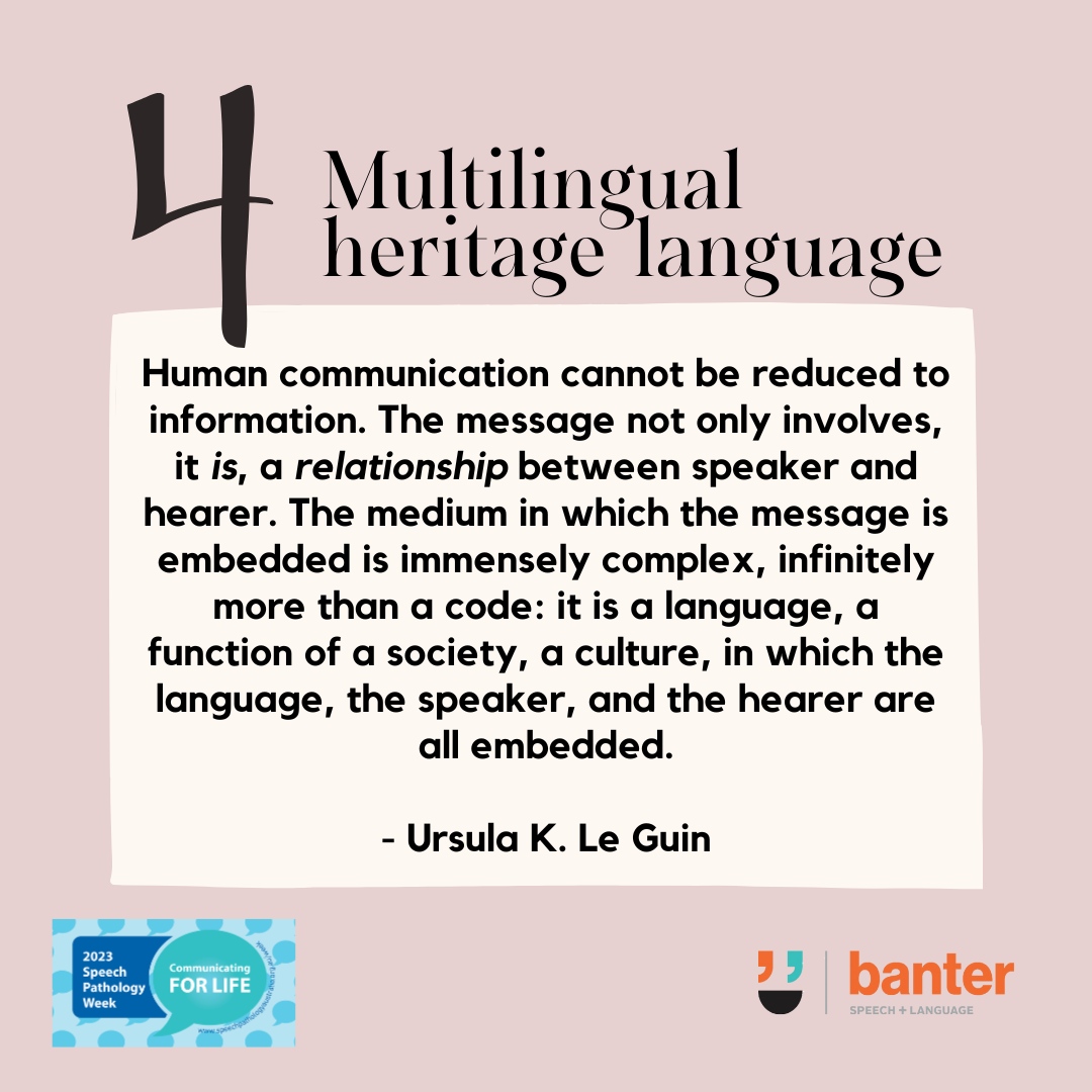 BanterSpeech's tweet photo. Communicating for Life includes communicating in multiple languages and maintaining heritage languages.
For tips to help your child maintain their heritage language: https://t.co/urBwnXLSmm
#SPWeek2023 #CommunicatingForLife https://t.co/gLWE3QFTY0
