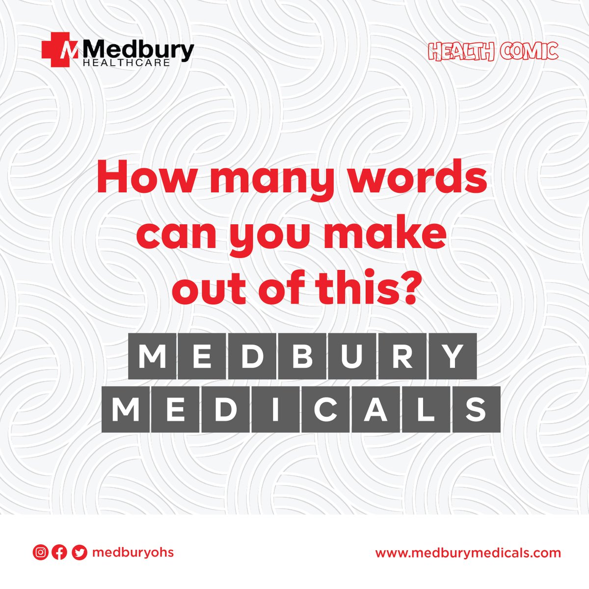 MedburyOHS's tweet photo. #healthcomics It is another Thursday! We have a task for you! How many words can you make from this? Drop your answer in the comment section. 

 #medbury #healthtrivia #medburyhealthcare #health #BreakingNews #Grammy #Burna #gamescom2023 #Putin https://t.co/6OsNKDiEyf