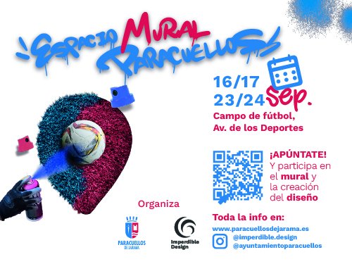 AytoParacuellos's tweet photo. ‘Espacio Mural Paracuellos’ es una iniciativa para dar al graderío del campo de fútbol municipal una nueva imagen. Se llevará a cabo los días 16, 17, 23 y 24 de septiembre. Ya te puedes inscribir👇
https://t.co/ZLpQfe2h3V https://t.co/RDmtNWR7Yz