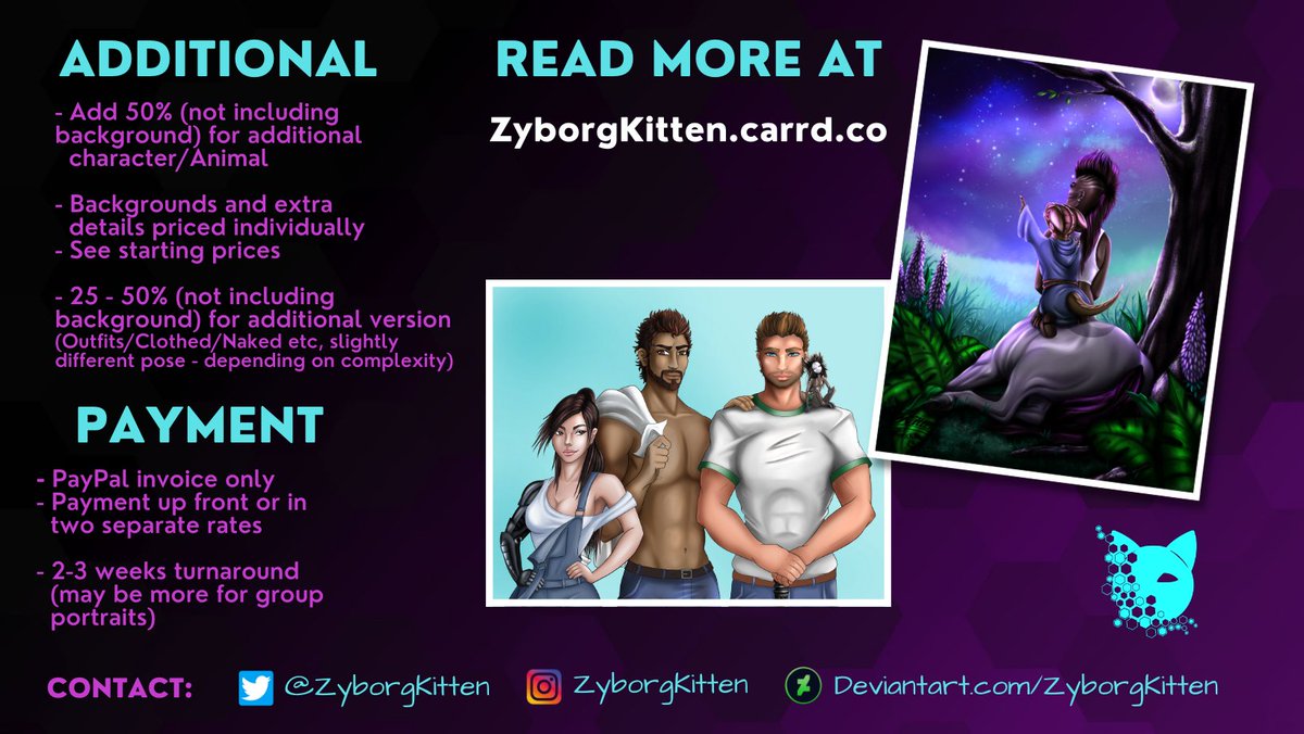 ZyborgKitten's tweet photo. I am open for #Commissions 💜
Please check out my different styles and prices below, as well as more examples in the comments.  
You can read and see more at https://t.co/zBpxd1HM7o 

Feel free to PM me your questions.  

#commissionsopen #ocdesign #ttrpgart #CommissionSheet #art https://t.co/RPqSLQMr3k