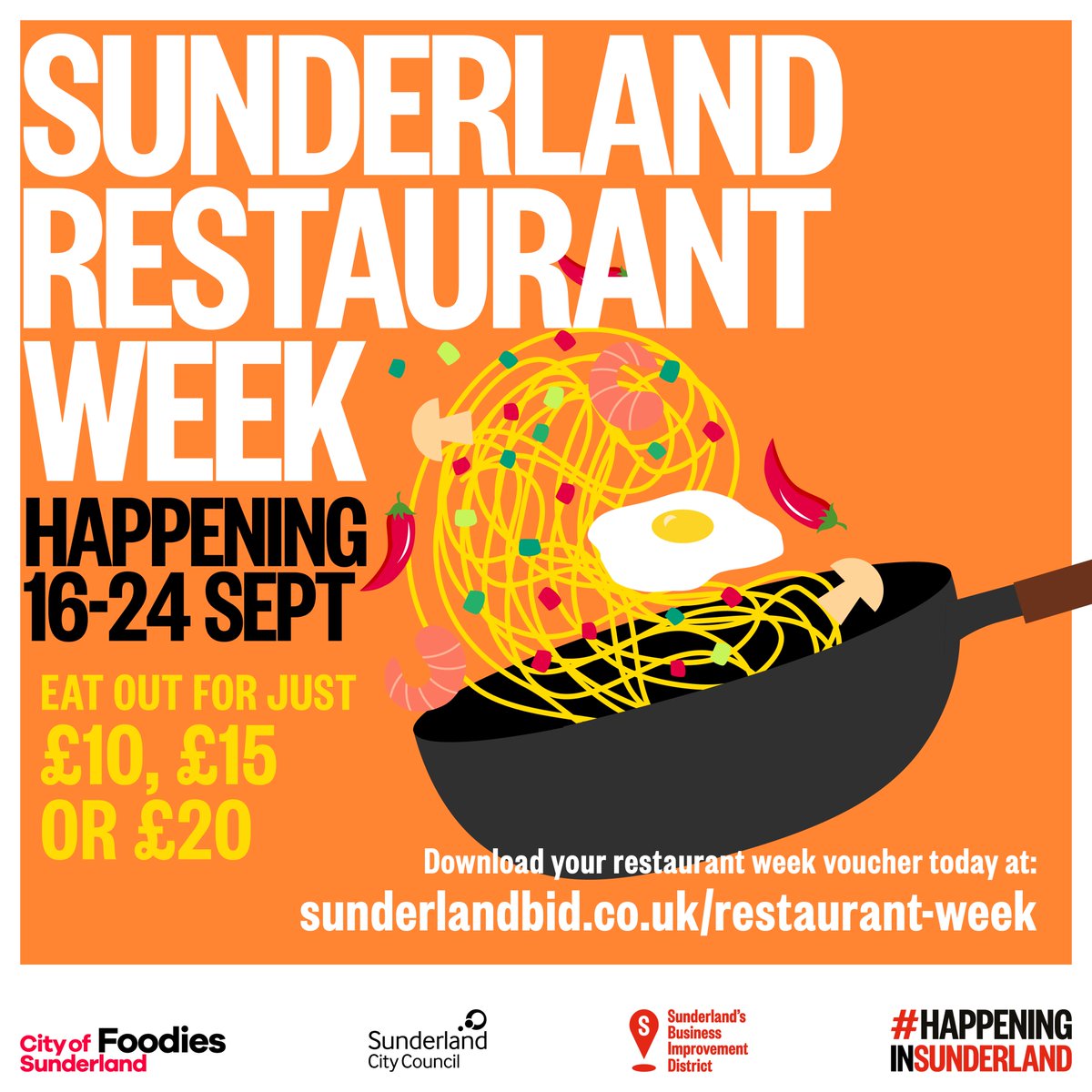 Dine across the city and uncover hidden culinary gems.  

Take this opportunity to discover the vibrant dining scene that Sunderland has to offer. 

Sunderland Restaurant Week is #HappeningInSunderland from 16 to 24 September!   
Download your voucher at bit.ly/3QGz8WC