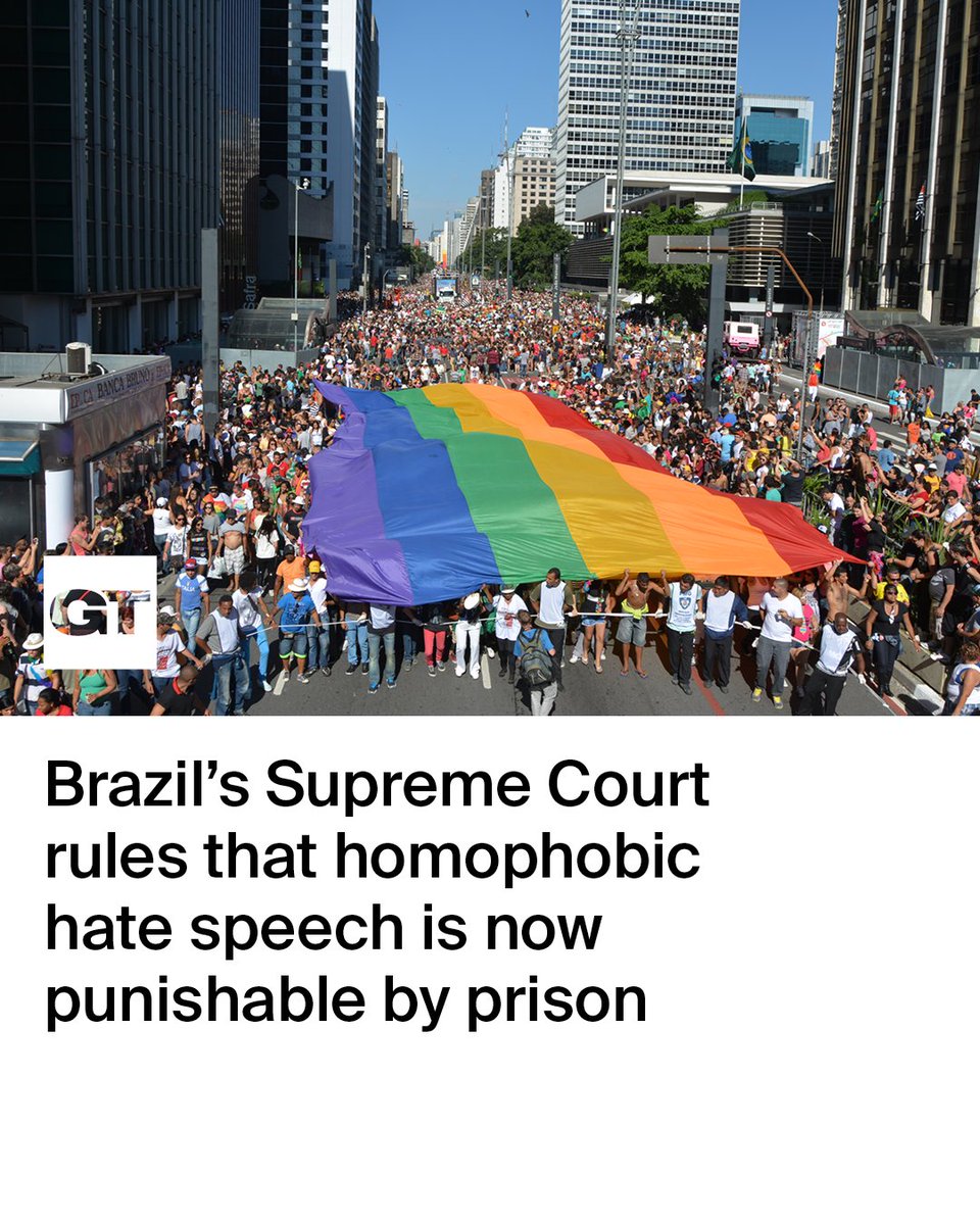 gaytimes's tweet image. In a massive 9-1 ruling, Brazil's Supreme Court has ruled that homophobic hate speech is now punishable by prison.⁠
⁠
Now on the same legal level as racist hate speech, perpetrators of the crime will face two to five years in prison.⁠
⁠
Justice Edson Fachin, the lead judge on…
