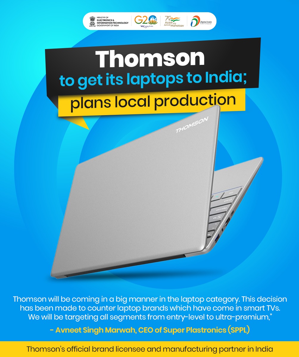 _DigitalIndia's tweet photo. The French electronics manufacturer Thomson is gearing up to produce laptops in India that will give a boost to India's push for local electronics manufacturing.

#DigitalIndia #IndiaTechade #NewIndia @AshwiniVaishnaw @Rajeev_GoI @Electronics_GoI https://t.co/Yv7L5AKv5W