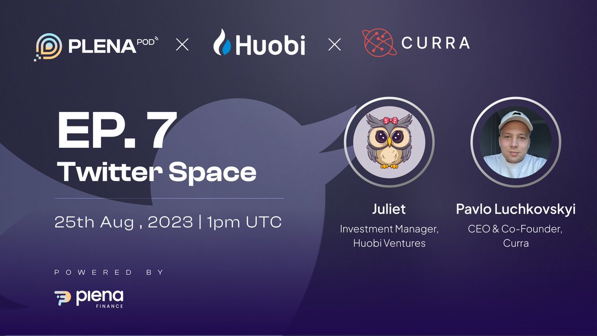 Plena - Crypto Super App (@plenafinance) on Twitter photo Gear up for Plena Pods Ep. 7!
🌐 Join us, <a href="/HuobiVentures/">Huobi Ventures</a> & @curraprotocol as we explore the battle between Long-term vs Short-term crypto inv. strategies 🚀
Mark your calendars: 📅 25th Aug, 1pm UTC
🔗Join here: x.com/i/spaces/1BRJj… Gear up for Plena Pods Ep. 7!
🌐 Join us, <a href="/HuobiVentures/">Huobi Ventures</a> & @curraprotocol as we explore the battle between Long-term vs Short-term crypto inv. strategies 🚀
Mark your calendars: 📅 25th Aug, 1pm UTC
🔗Join here: x.com/i/spaces/1BRJj…