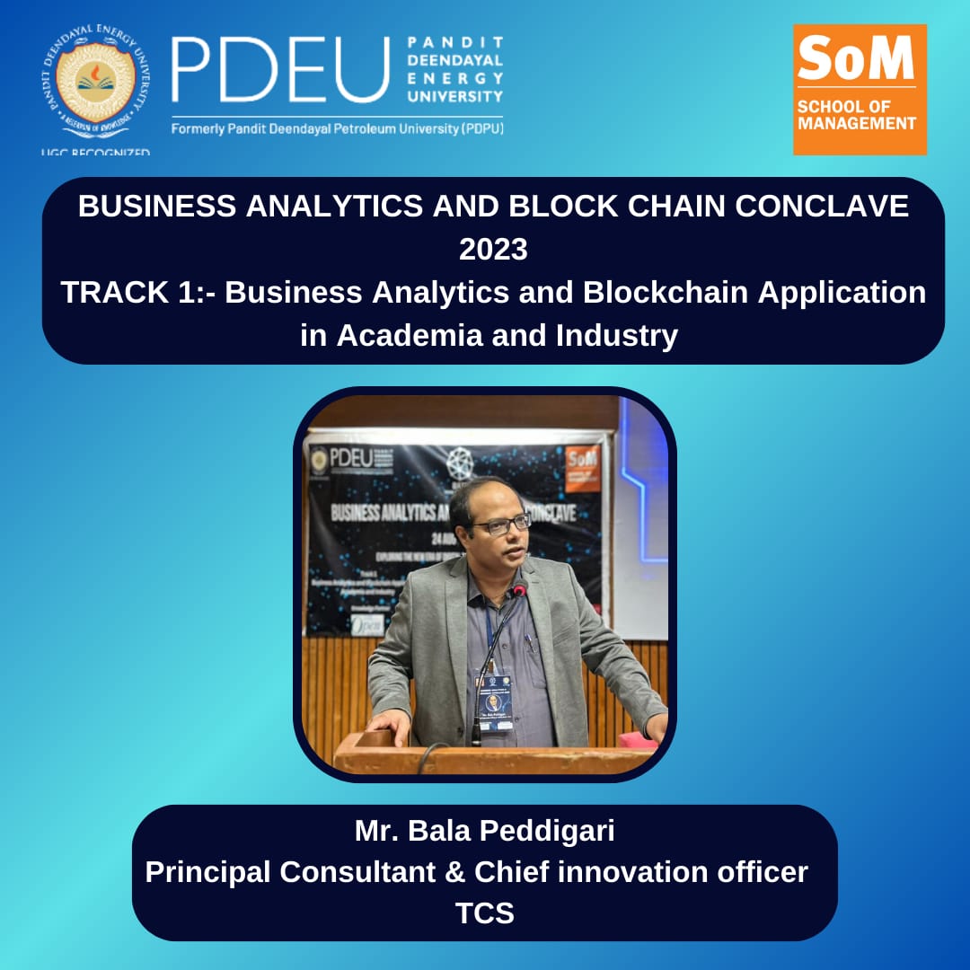 spmpdeu's tweet photo. Under the guidance of Dean Dr. Tanushri Banerjee, the Business Analytics and Blockchain Conclave at PDEU-SoM was organized. She highlighted the role of data analysts in shaping business strategies and solving business problems. https://t.co/tYfuh6tYTl