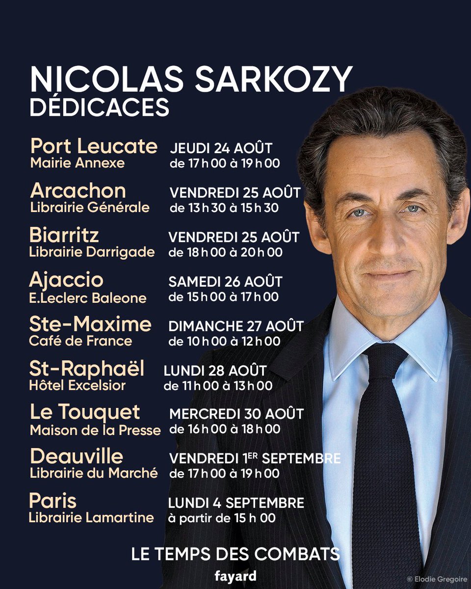 Mes chers Amis, je suis si heureux d’aller à votre rencontre à travers la France. Voici les dates de mes prochaines dédicaces. Je me réjouis de ces moments d’échanges avec vous. NS #letempsdescombats <a href="/EditionsFayard/">Fayard</a>