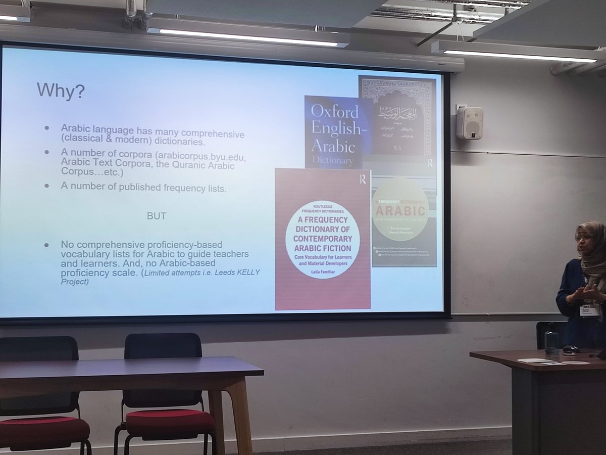 natalie_eloise's tweet photo. Great talk from @rashasoliman04 &amp; colleagues @BAAL2023York on developing vocab profiles for beginner #Arabic. Main challenge is ensuring the range of lang varieties is represented. Freq lists only available for standard Arabic. Word simplicity &amp; commonality are important criteria https://t.co/u85w4lrswm